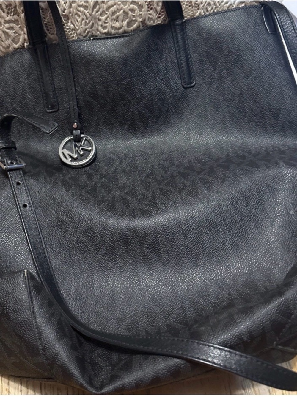 Michael Kors Black Monogram Leather Tote with MK Charm